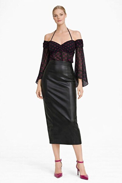 ALYEL NAKER Halter Neck & Fuchsia Polka Dot Patterned Black Chiffon Blouse