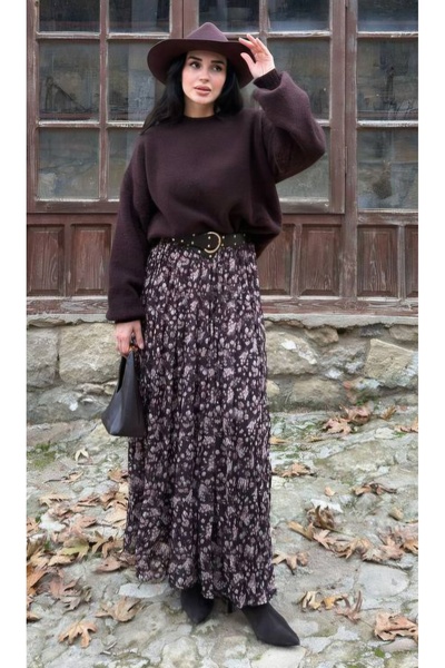 DİMA Patterned Belted Chiffon Pleated Skirt