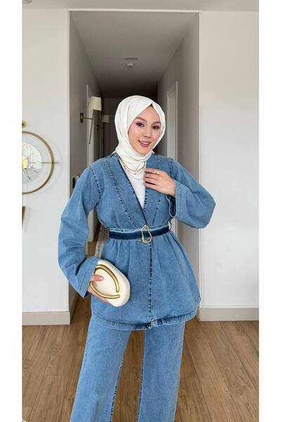 Viskosa Costum din denim cu cataramă la curea