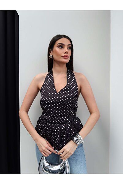 ESRAHELVACI Bluză cu volane și imprimeu cu buline, cu legătură la gât