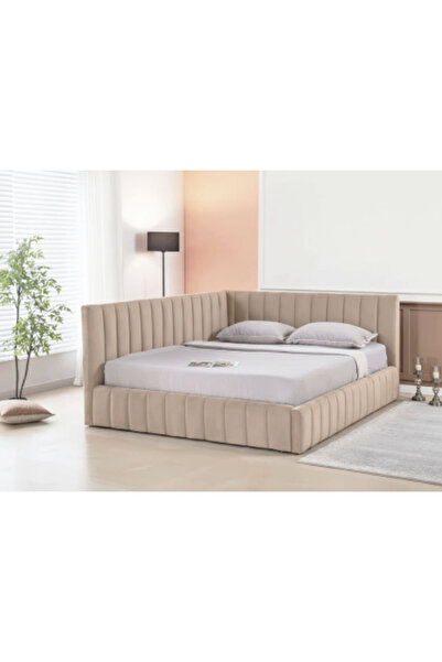 MarketMob Pat Coral 140x200 cm Lada Depozitare Tapitat Catifea bej Somiera In...