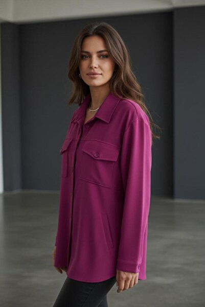 KLAPA Classic Pattern Fuchsia Shirt Jacket with Flap Pockets