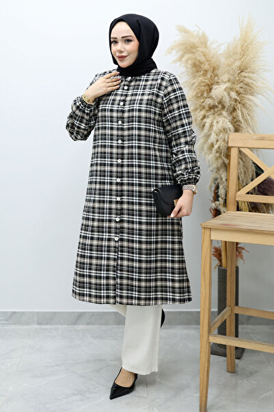 Tesettür Dünyası Buttoned Plaid Suit Tsd260154 Milk Coffee