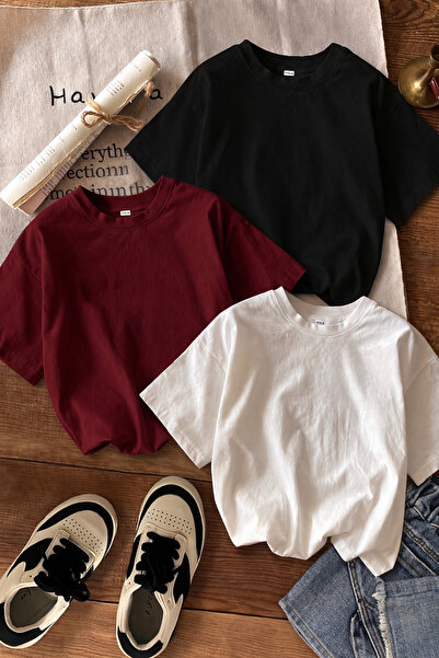 SANTAMİLA Pachet de 3 tricouri uni, alb, negru, burgundy