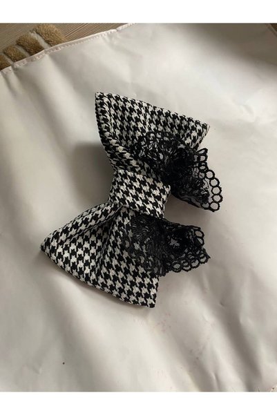 WOWMOM Houndstooth Patterned Lace Detailed Bowknot Hairpin Stylish Women's Hair Accessory
