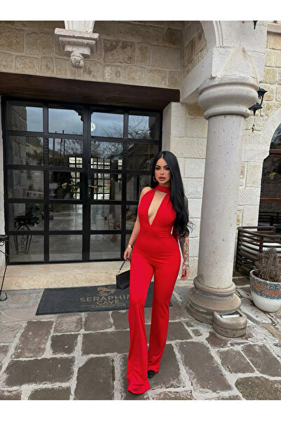 kırmızı butiks Kırmızı Boyundan Geçmeli Toparlayıcı Tulum