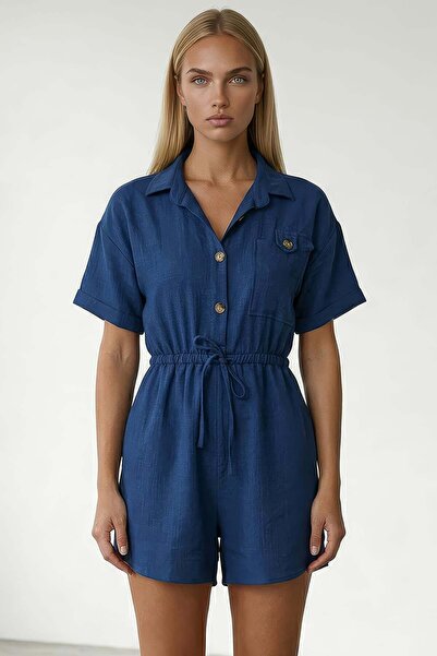 Trend Alaçatı Stili Navy Blue Shirt Collar Double Pocket Linen Shorts Overalls