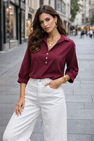 Rich Women's Double-Breasted Collar Half Placket Buttoned Blouse