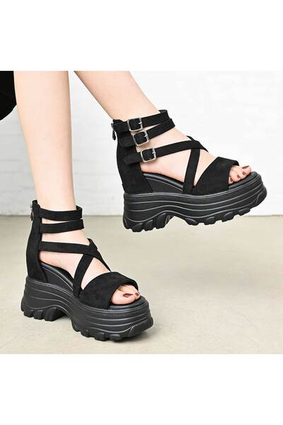 Tmall Γυναικεία σανδάλια, χοντρή σόλα, δερματίνη, SA102, μαύρο