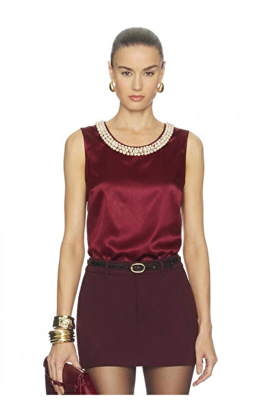 AFR CLOTHES Women's Pearl Collar Detail, Satin Fabric Blouse