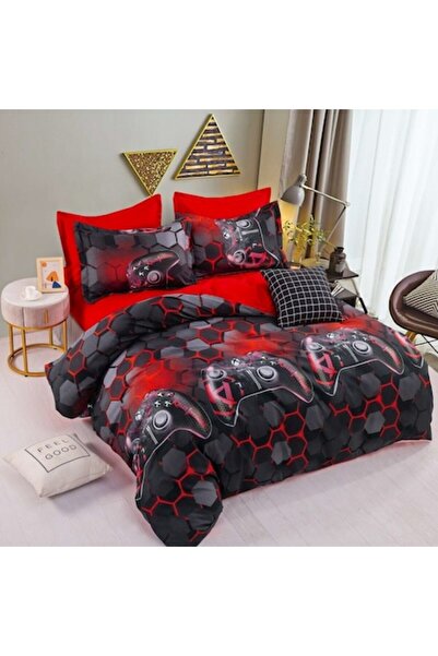 JOJO HOME Double Bed Linen Set, Fine Cotton, Red Console Design, 6 Pieces
