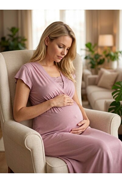 Lohusa Homewear Νέα σεζόν Dusty Rose Νυχτικό Εγκυμοσύνης και Μητρότητας με Λε...