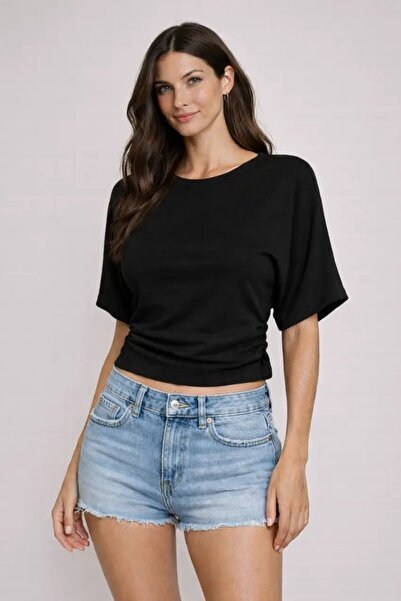 Cool & Sexy Black Ruched Detailed Crop Blouse – Half Sleeve Basic Stylish T-S...