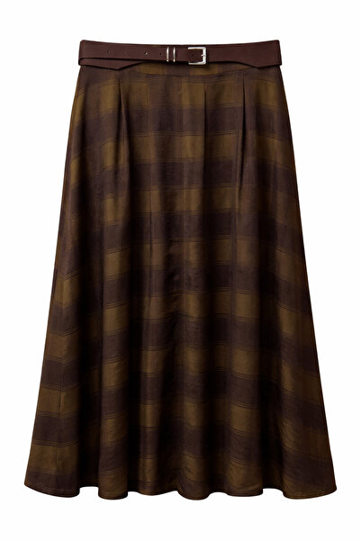 Mixray 4870 Women's Plaid Slit Skirt with Thick Belt Khaki