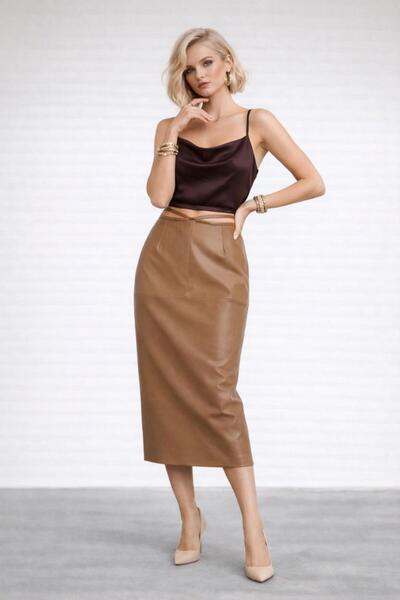 ALYEL NAKER Tie-Up Faux Leather Mink Pencil Skirt