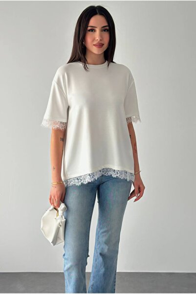 Noa&Noa Women's Short Sleeve T-Shirt with V Lace Detail on the Back