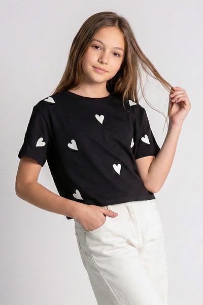 DMB BOYS & GIRLS Girl's Heart Printed Cotton Long Crop Tshirt