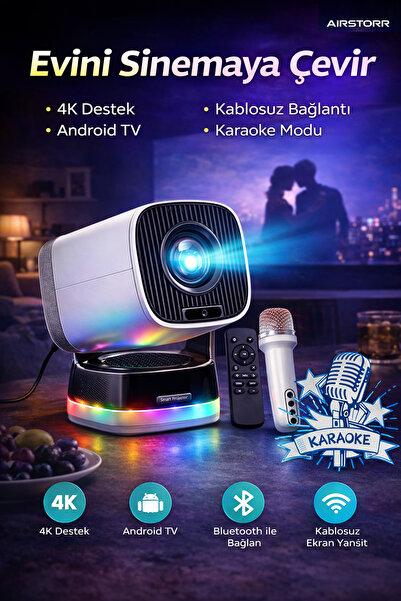 Aırstorr 4K Android 13 Projeksiyon Cihazı WiFi HDMI USB + Mikrofon Karaoke Ak...