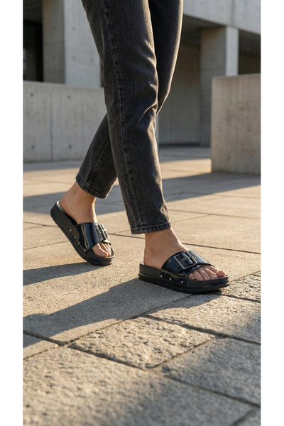 Shoebuo Γυναικείες παντόφλες με αγκράφα, λουστρίνι με γυαλιστερή επιφάνεια, ά...