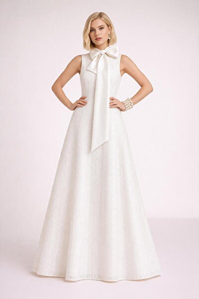 ALYEL NAKER A-Line White Maxi Dress with Ribbon Lace Detail & Shawl Collar
