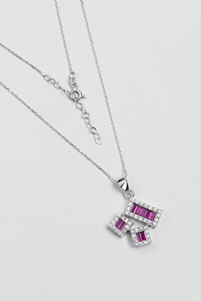 So CHIC... Geometrik Fuşya 18 Ayar Beyaz Altın Kaplama 44 Cm Gümüş Kolye