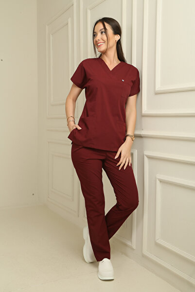 DENİZ İŞ Women's Envelope Collar Terycotton Scrubs Set - Burgundy