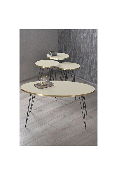 GOLDFALEZ Zigon Sehpa ve Orta Sehpa Elips Set Siyah Tel Ayak Altın Krem