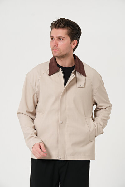 renvo style سترة رجالية سوداء مع تفاصيل ياقة بنية اللون