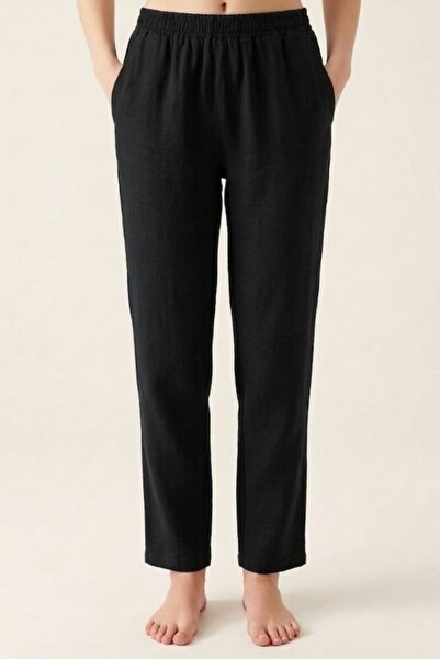 PORİENTO Black 100% Cotton Muslin Fabric Women's Trousers with Elastic Waist ...