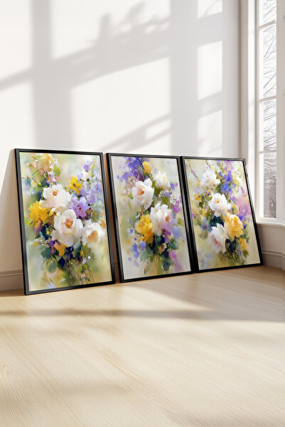 STARYUNA Μαύρο ξύλινο πλαίσιο με παστέλ λουλουδάτο σετ τριών πινάκων ζωγραφικ...