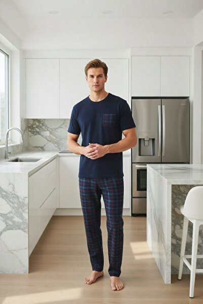 Sude HOMEWEAR طقم بيجامة رجالي منقوش بجيب وأكمام قصيرة