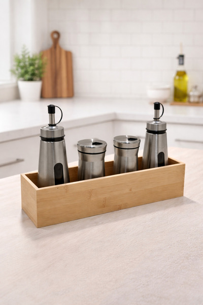 OEM Set oliviera 5 piese, cutie lemn 30.5 x 7.5 x 7 cm, 4 recipiente din stic...