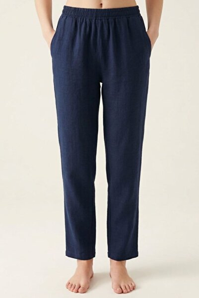 PORİENTO Navy Blue 100% Cotton Muslin Fabric Women's Trousers with Elastic Wa...