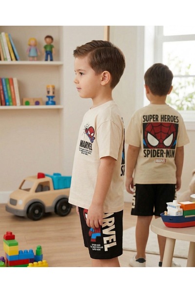 Kyex Spider-Man Printed Boys' Shorts Set Cream Black Set of 2 Ages 3-10