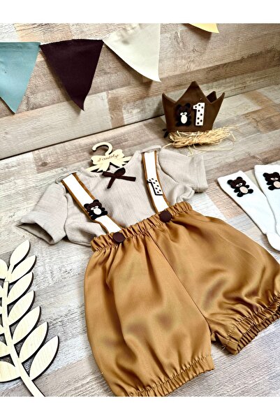 Feriatolye 1 yaş erkek bebek ayıcık konseptli salopet gömlek çorap taç seti