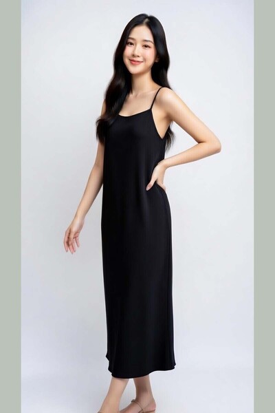 ARYDY Women's Black Loose Dress with Rope Straps and Ribbed Slit Detail