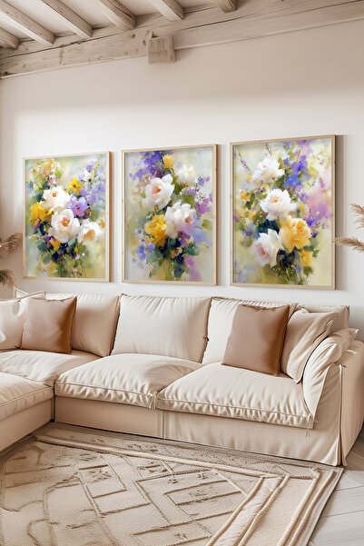 STARYUNA Ξύλινο σετ τριών πίνακων με παστέλ λουλουδάτα συνθέσεις Ucyuna615