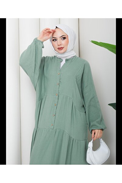 Moda Neva Long Sleeve Muslin Fabric Buttoned Dress