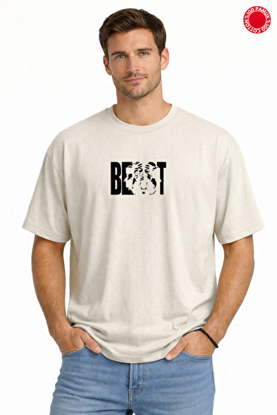 DUBU BUTİK Unisex Oversize T-Shirt 100% Cotton Beige Beast Printed Loose Basi...