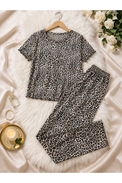 Sude Leopar desenli viskon penye premium gecelik takımı