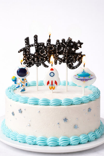 Baloncu Nene Uzay Temalı Mum Seti Happy Birthday Yazılı Pasta Üstü Astronot R...