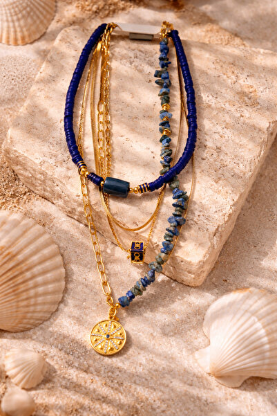Butik 4 lü Lacivert Gold Kolye