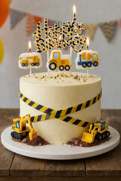 Baloncu Nene İnşaat Temalı Mum Seti Happy Birthday Yazılı Pasta Üstü İş Makin...