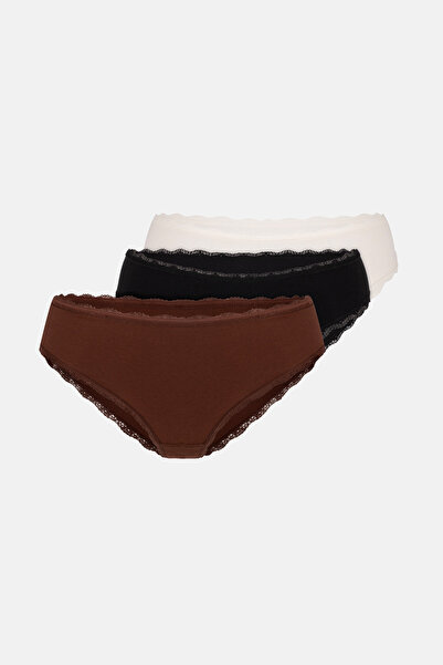 Dagi Екрю-кафяви дамски бикини тип хипстър от 3 части, с дантелени детайли, е...