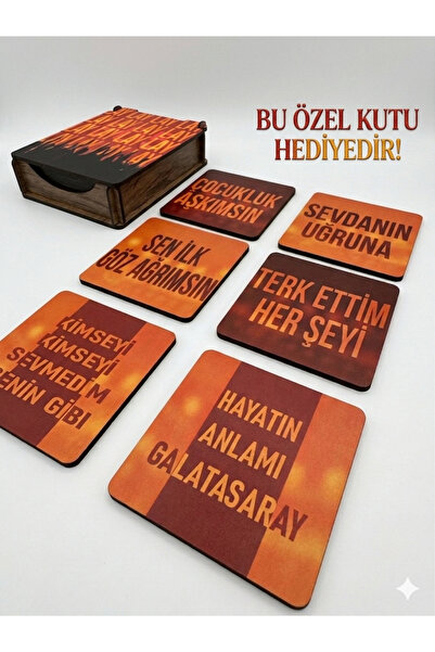 NOSTA Galatasaray Fan Coaster Set of 6 - Tribün Marşlı Wooden Coasters