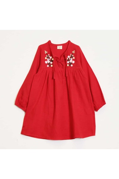 OZZY KİDS Κοριτσίστικο φόρεμα μουσελίνας με κεντημένα λουλούδια