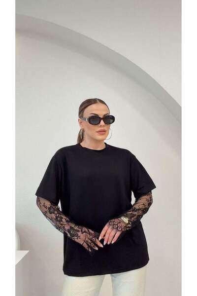 STA Μαύρη μπλούζα με δαντελένια μανίκια premium