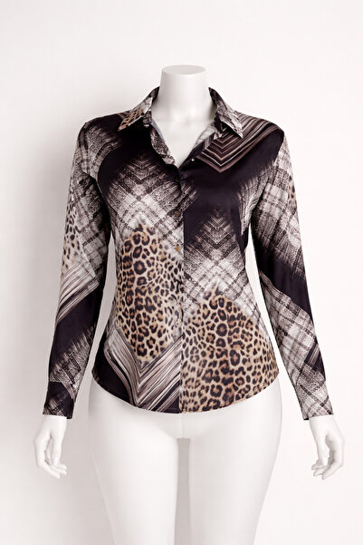STEPS Women's Luxury Geometric Leopard Satin Shirt