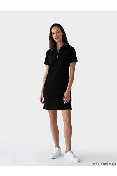 LC Waikiki LCW EVERYDAY Μαύρο Μίνι Φόρεμα με Γιακά Πόλο και Απαλή Υφή