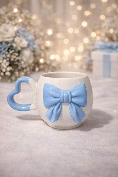 İZart Heart Handle 3D Blue Bow Patterned Custom Embossed Fully Handmade Ceram...